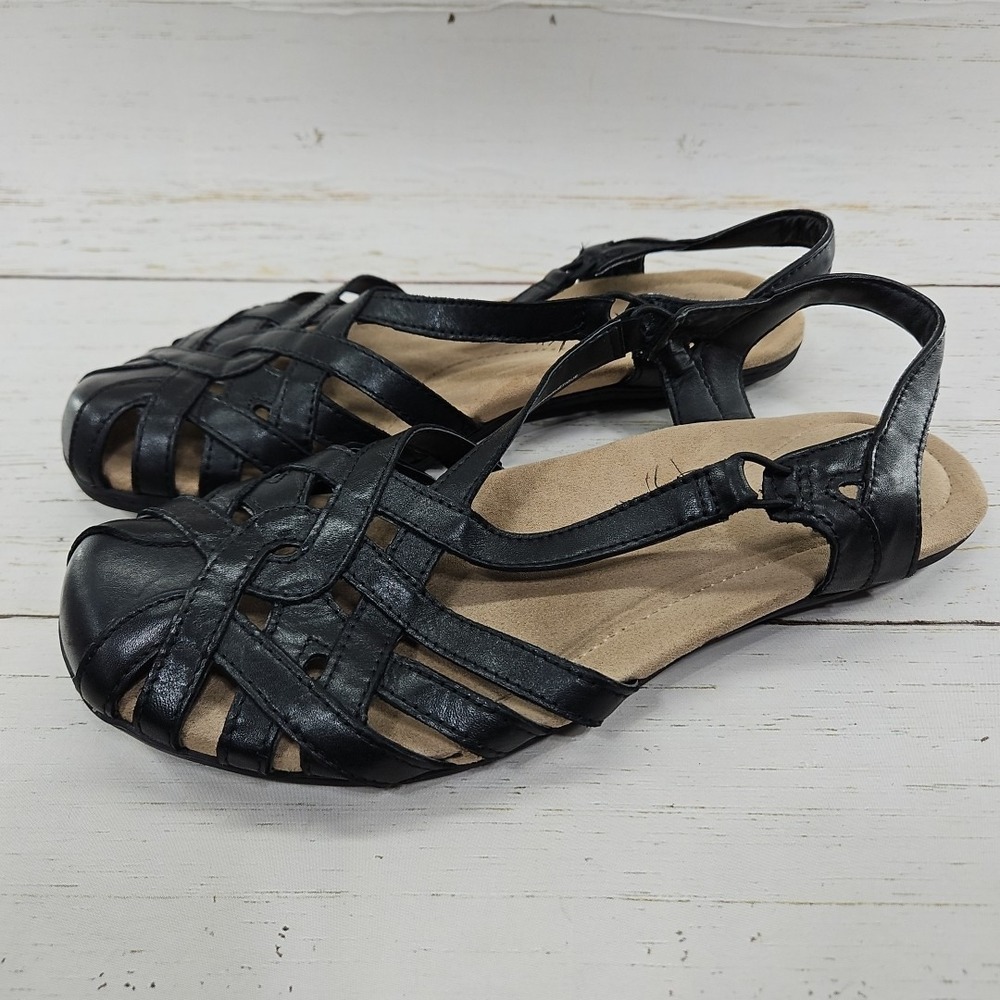 Earth Origins Belle Brielle Women 11 Black Leather Fisherman Slingback Sandals